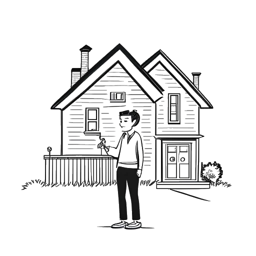 Line art drawing of a teenager, representing Jack Doherty, holding a key in front of a house
