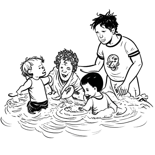 Line art drawing of a toddler, representing Jack Doherty, being saved from drowning
