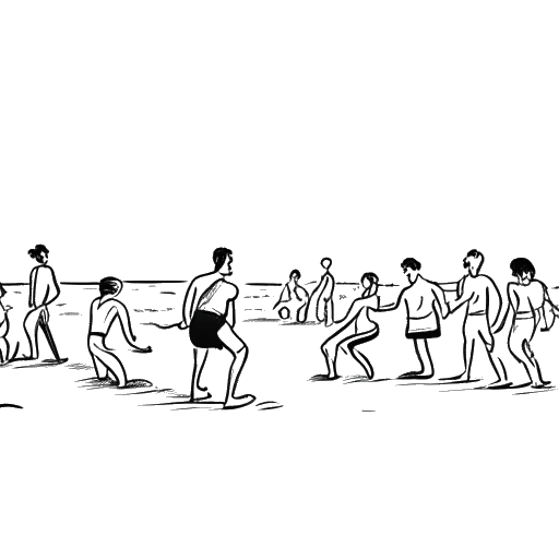 Strichzeichnung eines Mannes, der Kolja Barghoorn repräsentiert, eine Gruppen-Fitnesssession am Strand leitend, während Anhänger verschiedene Workout-Routinen ausführen.