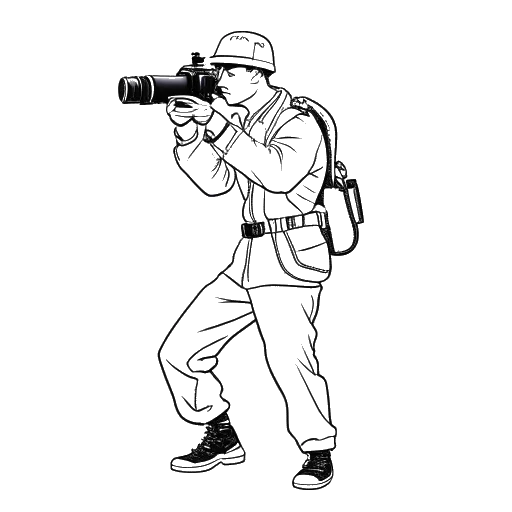 Strichzeichnung eines Mannes, der Kolja Barghoorn verkörpert, in Militäruniform, eine Kamera haltend, um Momente körperlicher Aktivität und Disziplin festzuhalten.