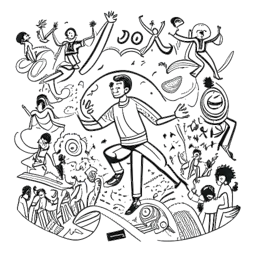 Strichzeichnung eines Mannes, der Kolja Barghoorn verkörpert, der mit Widerstandsfähigkeit Hindernisse überwindet, umgeben von unterstützenden Figuren und gesellschaftlichen Symbolen.