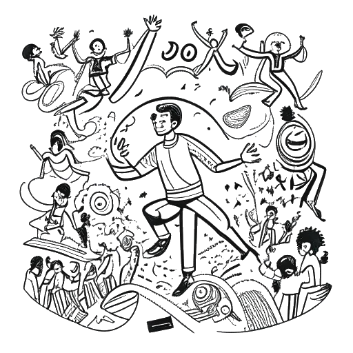 Strichzeichnung eines Mannes, der Kolja Barghoorn verkörpert, der mit Widerstandsfähigkeit Hindernisse überwindet, umgeben von unterstützenden Figuren und gesellschaftlichen Symbolen.