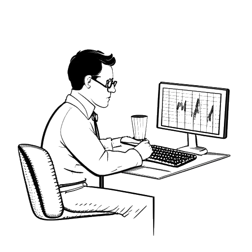 Strichzeichnung eines Mannes, der Aktiencharts auf einem Computer analysiert und Kolja Barghoorn darstellt, mit dem 'Aktien mit Kopf'-Logo auf dem Bildschirm.