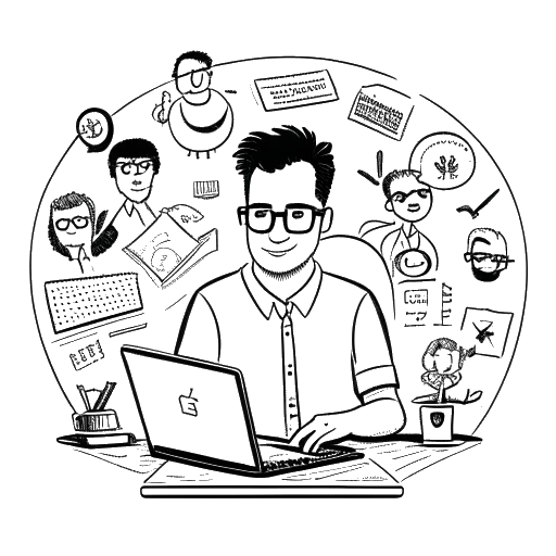 Strichzeichnung eines Mannes, der mit mehreren Inhaltserstellern zusammenarbeitet und Kolja Barghoorn darstellt, mit den Logos von 'Aktien mit Kopf', 'Friesen mit Kopf' und 'Business Insider' im Hintergrund.