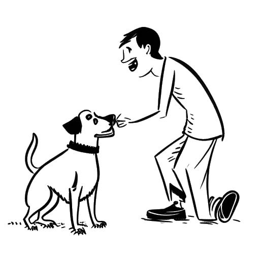 Strichzeichnung eines Mannes, der mit einem Hund spielt und Kolja Barghoorn darstellt, mit den Worten 'trotz Biss im Alter von vier Jahren' im Hintergrund.