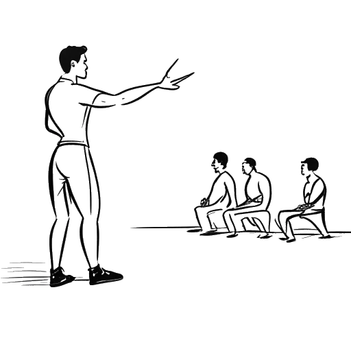 Strichzeichnung eines Mannes, der Kolja Barghoorn darstellt, der ein Fitnessseminar leitet und Übungen demonstriert.