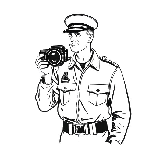 Strichzeichnung eines Mannes in Militäruniform, der Kolja Barghoorn darstellt, der eine Vintage-Kamera hält.