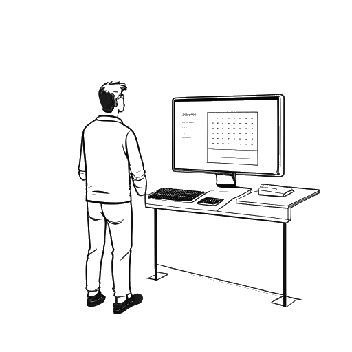 Strichzeichnung eines Mannes, der vor einem Computer steht und Kolja Barghoorn darstellt, mit der 'ZurStrandfigur'-Website auf dem Bildschirm.