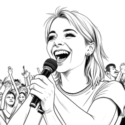 Karikatuurtekening van Hayley Williams met een Grammy Award in haar hand, met een triomfantelijke glimlach op haar gezicht, terwijl een menigte op de achtergrond juicht. De zwart-wit afbeelding symboliseert haar aanzienlijke prestaties.