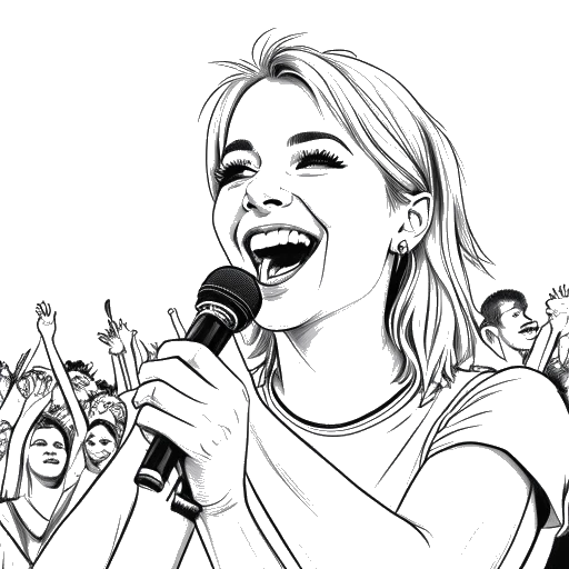 Dessin en ligne de Hayley Williams tenant un Grammy Award, avec un sourire triomphant sur son visage, tandis qu'une foule applaudit en arrière-plan. L'image en noir et blanc symbolise ses réalisations significatives.