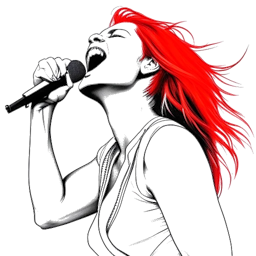 Desenho em arte linear de uma mulher representando Hayley Williams, com cabelos vermelhos flamejantes fluindo por suas costas, cantando apaixonadamente no palco com confiança e energia. A imagem em preto e branco destaca sua presença poderosa no palco.