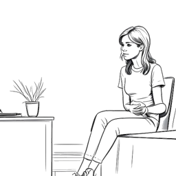 Desenho em arte linear de Hayley Williams sentada no consultório de um terapeuta, envolvida em uma conversa significativa. A imagem em preto e branco reflete seu compromisso com sua saúde mental e crescimento pessoal.