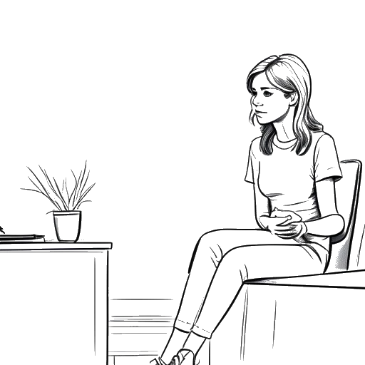 Dibujo de línea de Hayley Williams sentada en la oficina de un terapeuta, participando en una conversación significativa. La imagen en blanco y negro refleja su compromiso con su salud mental y crecimiento personal.