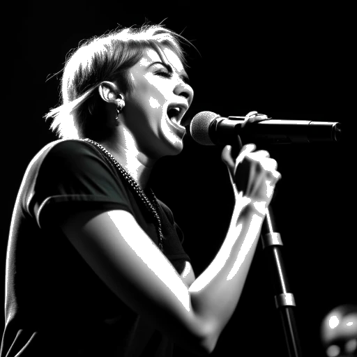 Black and white image of a woman representing Hayley Williams, singing on stage with a microphone in hand, surrounded by a enthusiastic audience.