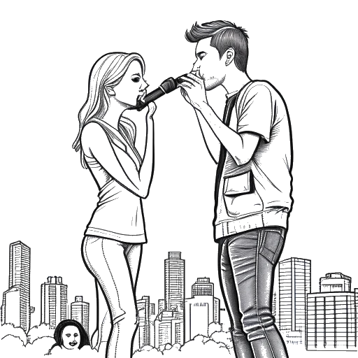 Line art drawing of a young woman, representing Hayley Williams, holding a microphone, standing next to a man, representing B.o.B, in front of a city skyline