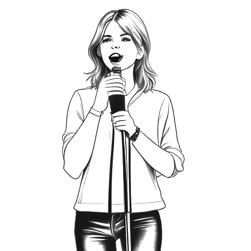 Line art drawing of a young woman, representing Hayley Williams, holding a microphone and six awards, standing in front of a podium