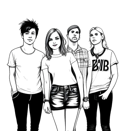 Desenho de arte em linha de uma jovem mulher, representando Hayley Williams, no meio de outros três membros da banda, representando o Paramore, com os braços em volta uns dos outros