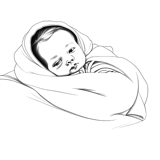 Line art drawing of a baby girl, representing Hayley Williams, wrapped in a blanket on a hospital bed