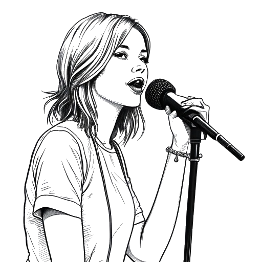 Line art drawing of a young woman, representing Hayley Williams, holding a Bible, standing in front of a microphone
