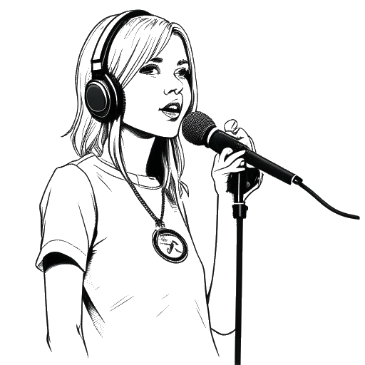 Lijnkunsttekening van een tienermeisje, dat Hayley Williams vertegenwoordigt, met een vinylplaat in de hand, staand voor een microfoon