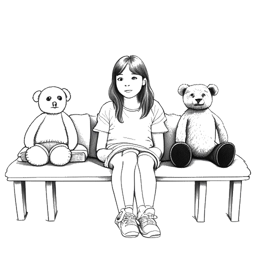 Lijnkunsttekening van een jong meisje, dat Hayley Williams vertegenwoordigt, zittend op een bank met een teddybeer in de hand, met drie familieportretten aan de muur