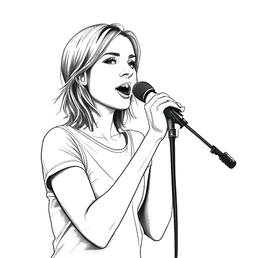 Line art drawing of a young woman, representing Hayley Williams, holding a Grammy award, standing in front of a microphone