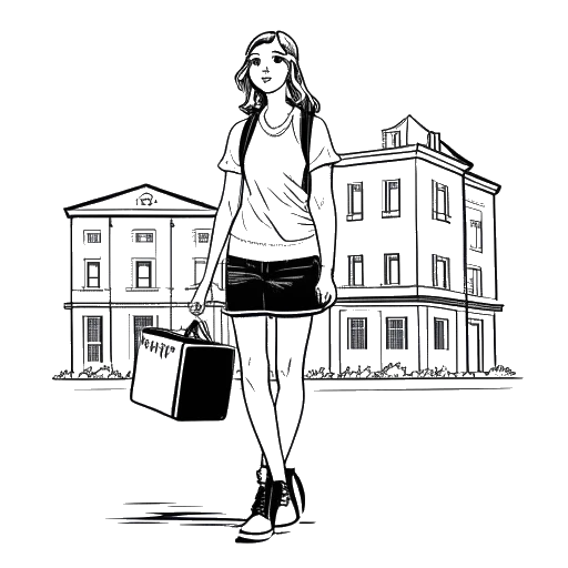 Line art drawing of a teenage girl, representing Hayley Williams, holding a diploma, standing in front of a high school building with a suitcase at her feet