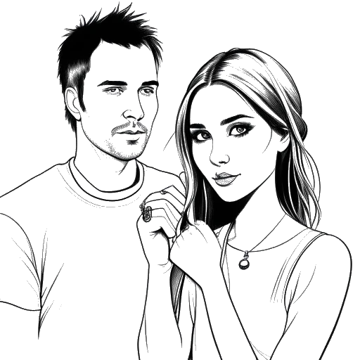 Line art drawing of a young woman, representing Hayley Williams, standing next to a man, representing Chad Gilbert, with a wedding ring on her finger and a tear running down her face