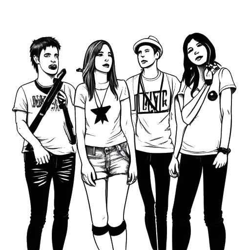 Lijnkunsttekening van een tienermeisje, dat Hayley Williams vertegenwoordigt, met een microfoon in de hand, staand met drie andere bandleden, die Paramore vertegenwoordigen, voor een platenlabellogo