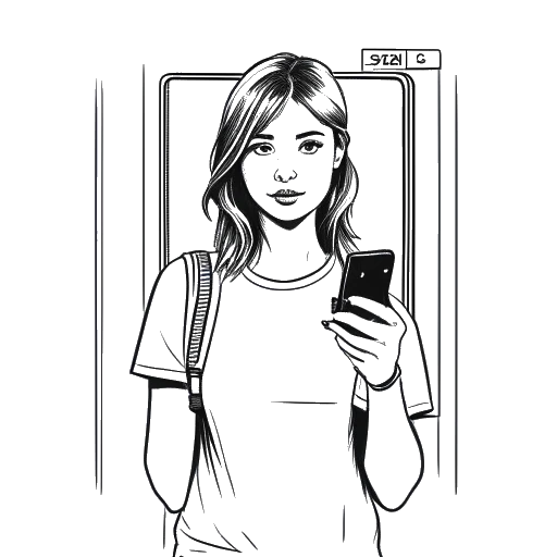 Line art drawing of a young woman, representing Hayley Williams, holding a smartphone, with social media logos visible on the screen, standing in front of a locked door