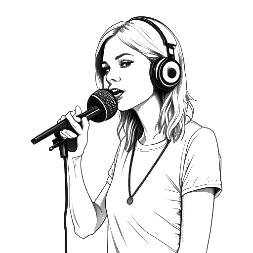 Line art drawing of a young woman, representing Hayley Williams, holding a vinyl record, standing in front of a microphone