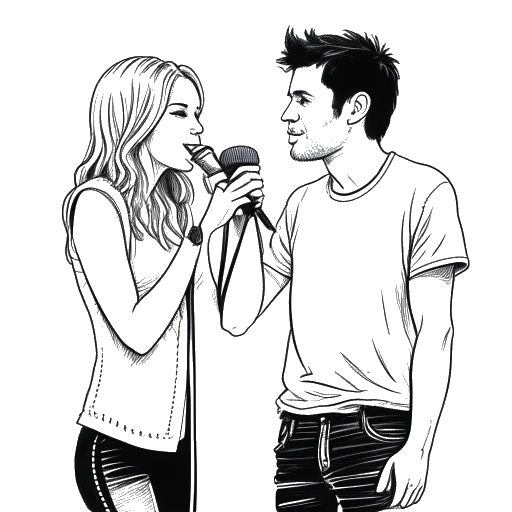 Desenho de arte em linha de uma jovem mulher, representando Hayley Williams, de mãos dadas com um homem, representando Taylor York, em frente a um microfone