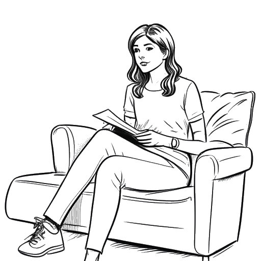 Dibujo de arte lineal de una mujer joven, representando a Hayley Williams, sosteniendo un diario, sentada en un sofá, con un diván terapéutico y una caja de pañuelos visibles en el fondo