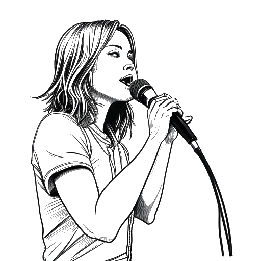 Desenho de arte em linha de uma jovem mulher, representando Hayley Williams, segurando um microfone, em frente a uma mesa de som, com um assobio em sua outra mão