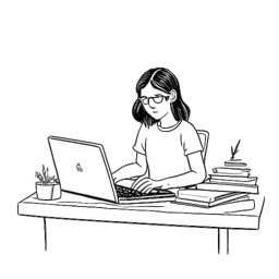 Strichzeichnung eines jungen Mädchens, das Mckenna Grace repräsentiert, an einem Schreibtisch sitzend mit Büchern und einem Laptop, konzentriert auf das Lernen und Schauspielern.