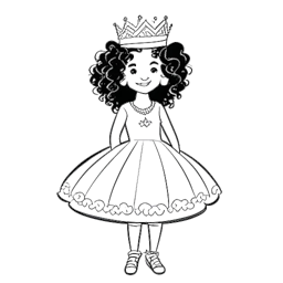 Line art drawing of a young girl representing Mckenna Grace, with curly hair and wearing a beauty pageant crown and dress, standing confidently on a stage.