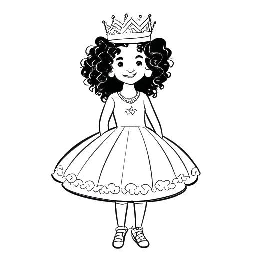 Line art drawing of a young girl representing Mckenna Grace, with curly hair and wearing a beauty pageant crown and dress, standing confidently on a stage.