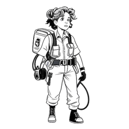 Desenho em arte linear de uma jovem representando Mckenna Grace, vestindo trajes inspirados em Ghostbusters e segurando um pacote de prótons, em pé com confiança e um brilho atrás dela.