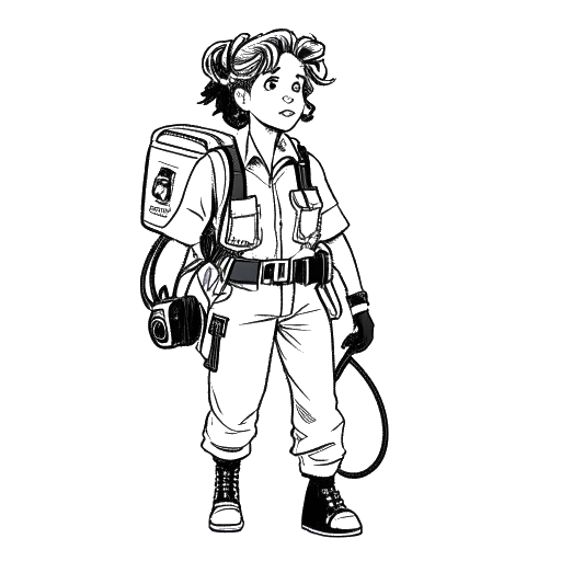 Line art drawing of a young girl representing Mckenna Grace, wearing Ghostbusters-inspired gear and holding a proton pack, standing confidently with a glow behind her.