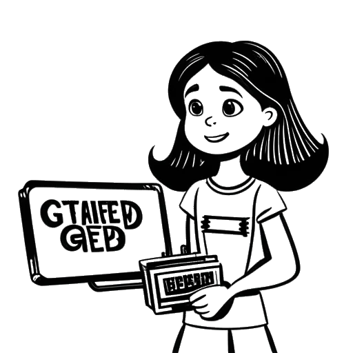 Line art drawing of a young girl representing Mckenna Grace, holding a movie clapperboard with the words 'Gifted' written on it, against a backdrop of film reels.