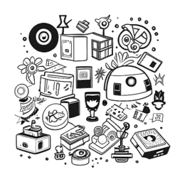 Line art drawing of various items representing Mckenna Grace's interests, including a Minecraft block, Mortal Kombat logo, vinyl record, and stuffed animals.