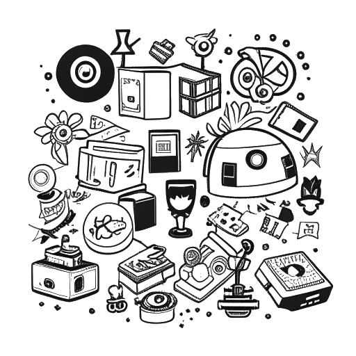 Dessin en noir et blanc de divers objets représentant les centres d'intérêt de Mckenna Grace, comprenant un bloc Minecraft, le logo de Mortal Kombat, un disque vinyle et des peluches.