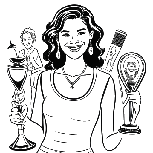 Desenho em arte de linha de uma jovem atriz, representando Mckenna Grace, segurando confiantemente uma estatueta do Oscar. Adereços de set de filmagem e notas musicais a cercam, simbolizando sua bem-sucedida carreira de atuação e música, tudo em um fundo branco.