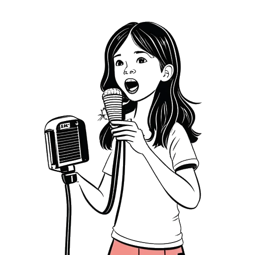Desenho de linha de Mckenna Grace com um microfone e a capa de seu single de estreia