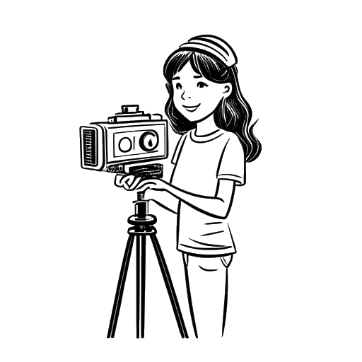 Desenho de linha de Mckenna Grace com uma claquete de diretor e uma câmera de filmar