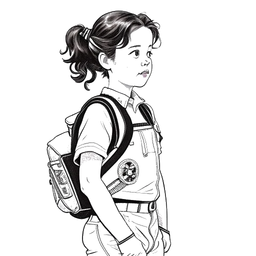 Disegno in stile line art di Mckenna Grace che indossa un busto per la schiena sul set di Ghostbusters: Legacy