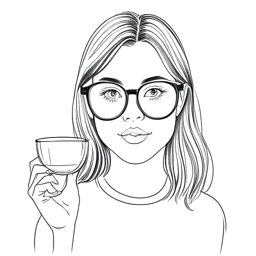 Desenho de linha de Mckenna Grace com sua coleção de óculos de sets de filmagem