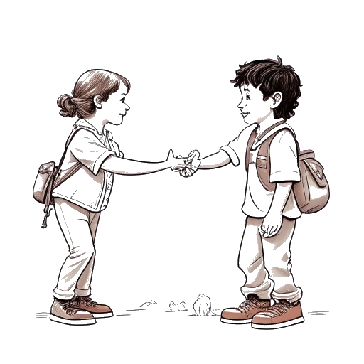 Line art drawing of Mckenna Grace and Logan Kim performing their unique handshake on the set of Ghostbusters: Afterlife