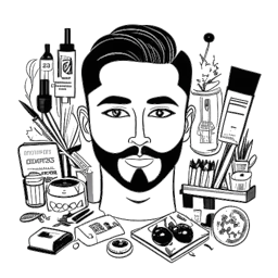 Dibujo a línea de un hombre, representando a Dhar Mann. Está rodeado de productos de maquillaje y cámaras, simbolizando su exitoso lanzamiento de LiveGlam y Dhar Mann Studios. La imagen es en blanco y negro sobre un fondo blanco.