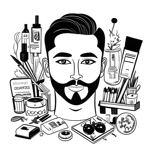 Dessin linéaire d'un homme, représentant Dhar Mann. Il est entouré de produits de maquillage et de caméras, symbolisant son succès avec LiveGlam et Dhar Mann Studios. L'image est en noir et blanc sur un fond blanc.